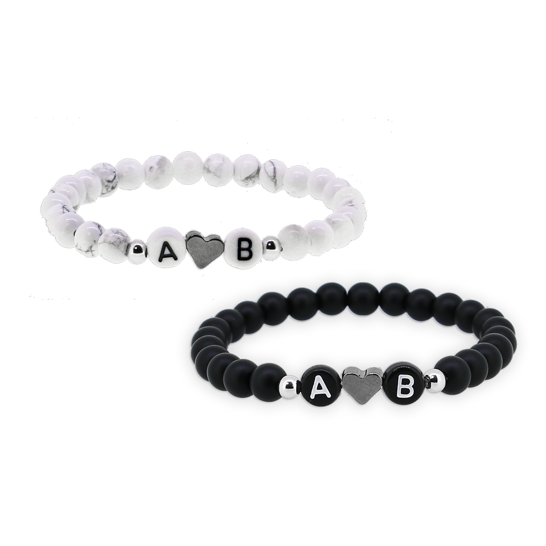 2 x White Black Heart Partnerarmband